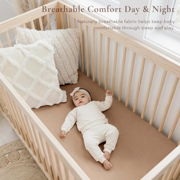 Konssy 2 Pack Muslin Crib Sheets for Standard Crib Mattress, 52" x 28" 100% Cotton, Soft & Breathable, 360° Elastic Snug Fit, Solid & Printed Designs for Baby Girls & Boys