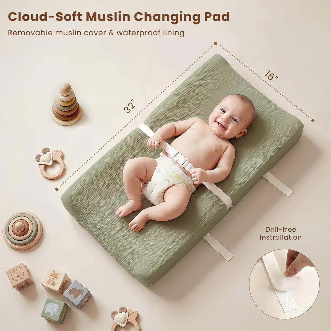 Konssy Baby Changing Pad Set with Waterproof Lining & 2 Pack Muslin Covers Soft Foam Support, Contoured Sides, Non-Slip Base & Safety Belt, Diaper Changing Pad for Dresser, 32" x 16"