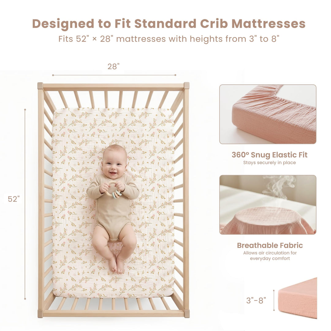 Konssy 2 Pack Muslin Crib Sheets for Standard Crib Mattress, 52" x 28" 100% Cotton, Soft & Breathable, 360° Elastic Snug Fit, Solid & Printed Designs for Baby Girls & Boys