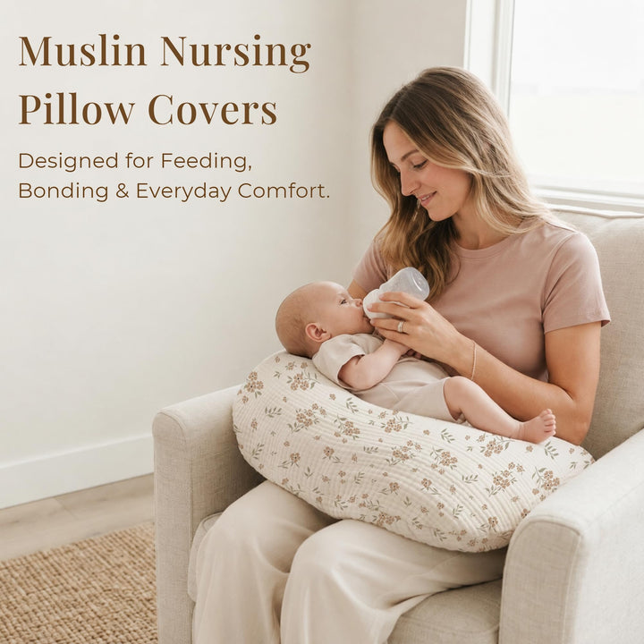 Konssy 2-Pack Muslin Nursing Pillow Covers, Floral Soft Slipcover for Baby Covers Only, 100% Cotton, Hidden Zipper, Washable, Breastfeeding Pillows Covers for Newborn Boys & Girls