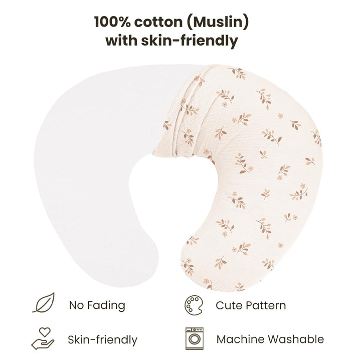 Konssy 2-Pack 100% Cotton Muslin Nursing Pillow Covers, Soft Cover for Baby Covers Only, Breastfeeding Pillows Slipcovers for Baby Boys & Girls, Hidden Zipper, Machine Washable,