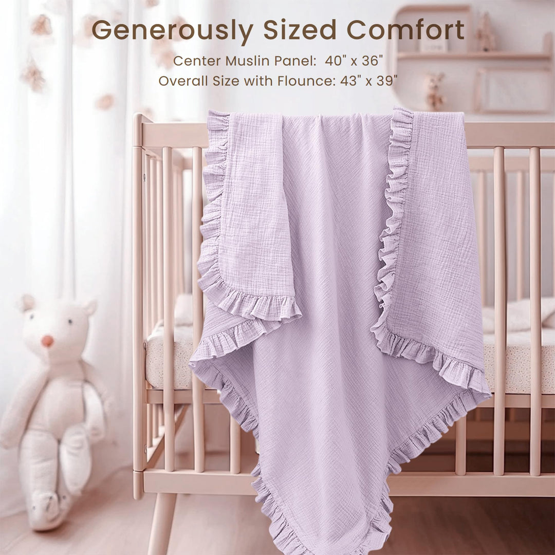 Konssy 100% Cotton Muslin Baby Blanket with Ruffle Trim for Girls, 43"x39" Reversible Design, Ultra Soft & Lightweight, for Swaddling, Crib, Stroller & Nursery Use, from Newborn to Toddler