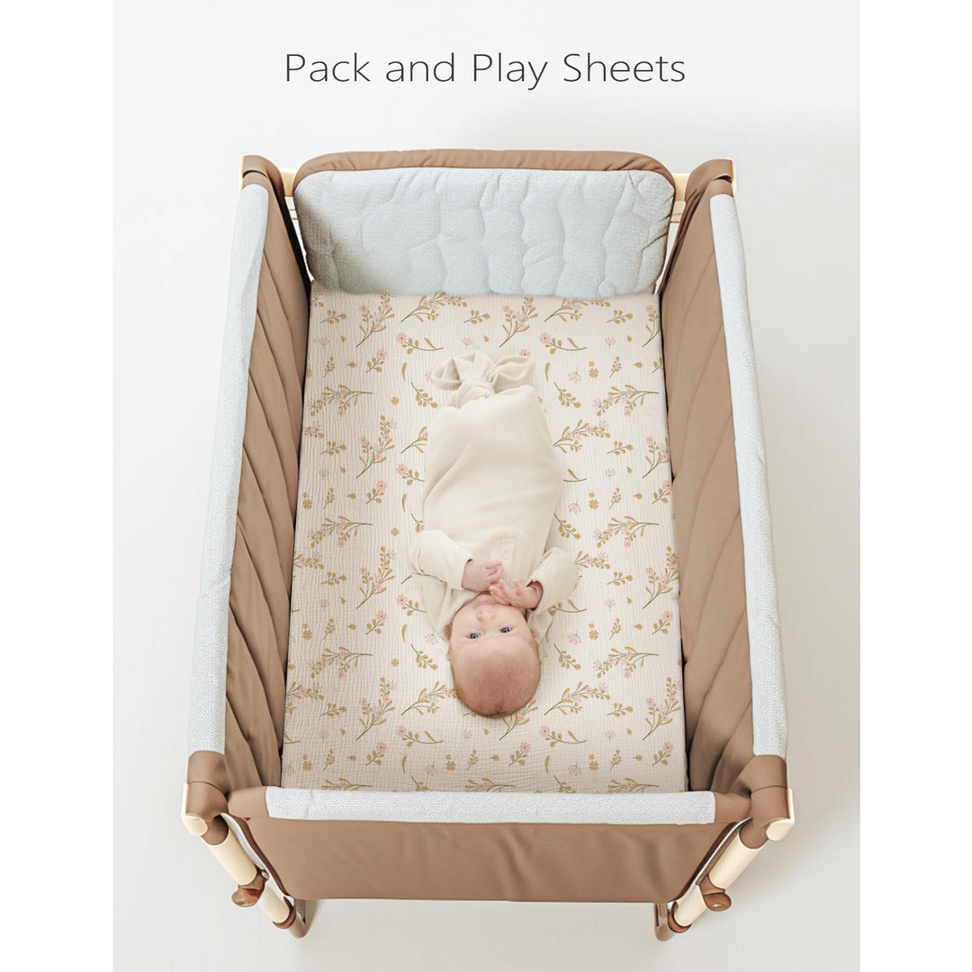 Konssy 2 Pack Muslin Mini Crib Sheets, Fits Pack and Play, 38"x24" 100% Cotton, Soft & Breathable, for Naps & Playtime, Floral & Solid Designs, Machine Washable