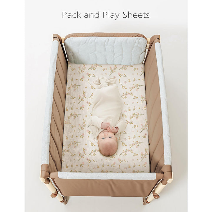 Konssy 2 Pack Muslin Mini Crib Sheets, Fits Pack and Play, 38"x24" 100% Cotton, Soft & Breathable, for Naps & Playtime, Floral & Solid Designs, Machine Washable