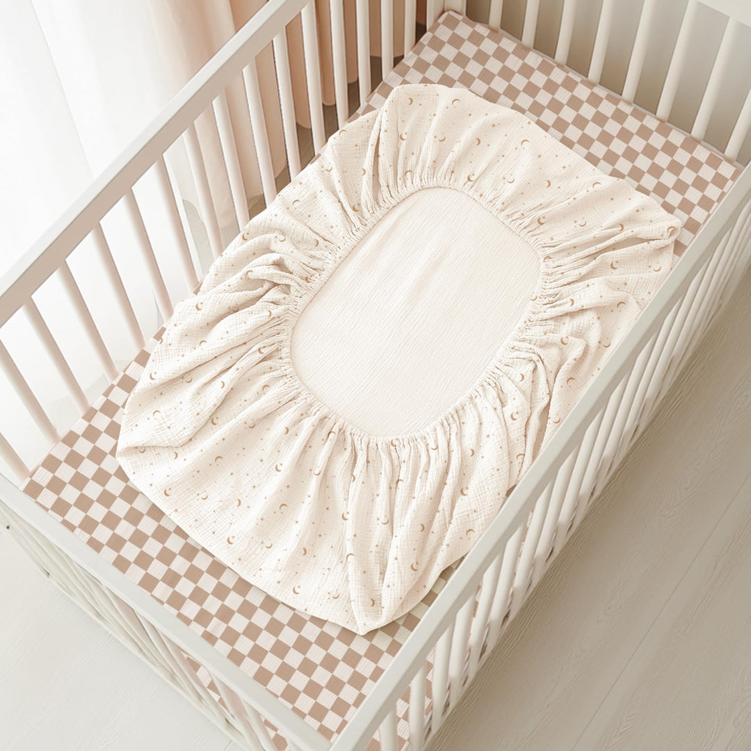 Konssy 2 Pack Muslin Crib Sheets for Baby Boys & Girls, 52" x 28" Fits Standard Crib Mattress, Premium 100% Cotton, Soft & Breathable, Neutral Design, 360° Full Elastic Fit