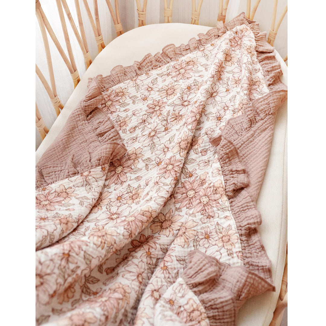 Konssy 100% Cotton Muslin Baby Blanket with Ruffle Trim for Girls, 43"x39" Reversible Design, Ultra Soft & Lightweight, for Swaddling, Crib, Stroller & Nursery Use, from Newborn to Toddler
