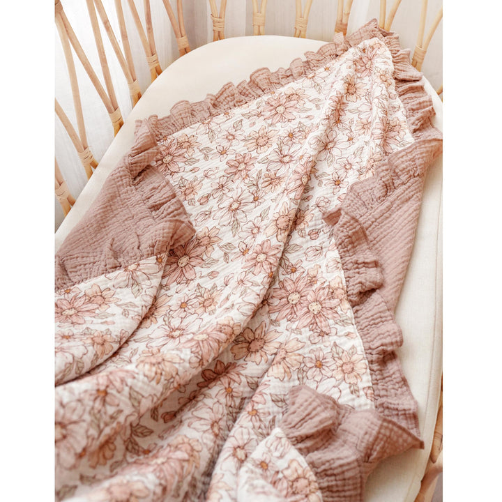 Konssy 100% Cotton Muslin Baby Blanket with Ruffle Trim for Girls, 43"x39" Reversible Design, Ultra Soft & Lightweight, for Swaddling, Crib, Stroller & Nursery Use, from Newborn to Toddler