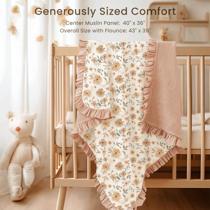Konssy 100% Cotton Muslin Baby Blanket with Ruffle Trim for Girls, 43"x39" Reversible Design, Ultra Soft & Lightweight, for Swaddling, Crib, Stroller & Nursery Use, from Newborn to Toddler