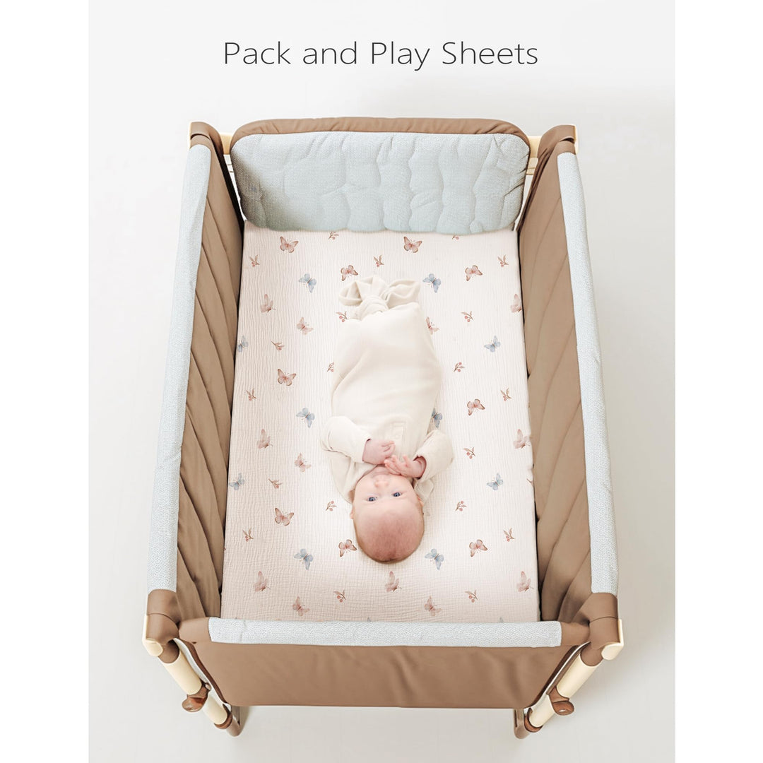 Konssy 2 Pack Muslin Mini Crib Sheets, Fits Pack and Play, 38"x24" 100% Cotton, Soft & Breathable, for Naps & Playtime, Floral & Solid Designs, Machine Washable