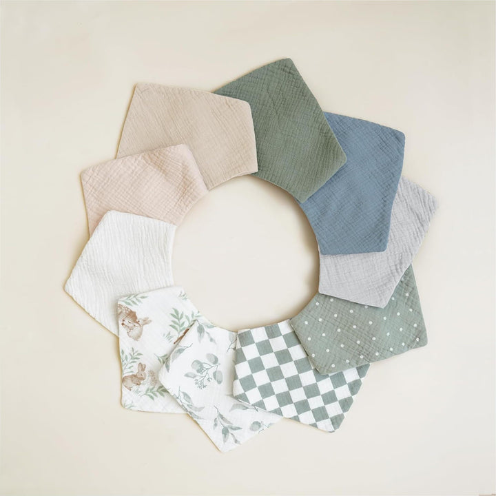 Konssy 10 Pack Baby Muslin Bandana Bibs for Drooling and Teething 100% Cotton, 6-Layer Bibs, Pre-Washed Soft & Absorbent, Adjustable Neck Fit, Boys & Girls 0-36M