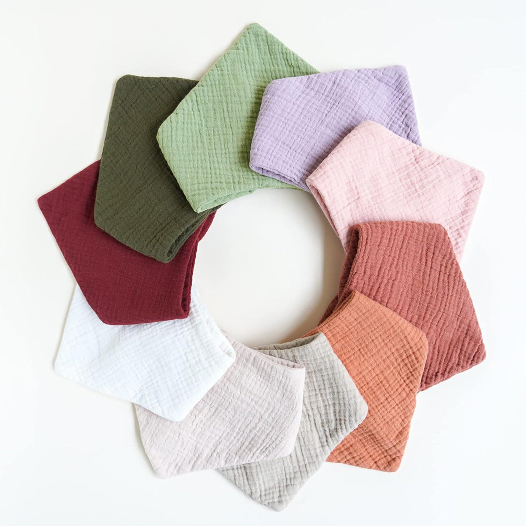 Konssy 10 Pack Baby Muslin Bandana Bibs for Drooling and Teething 100% Cotton, 6-Layer Bibs, Pre-Washed Soft & Absorbent, Adjustable Neck Fit, Boys & Girls 0-36M