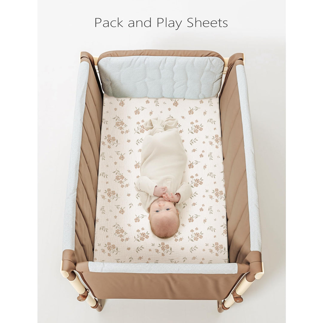 Konssy 2 Pack Muslin Mini Crib Sheets, Fits Pack and Play, 38"x24" 100% Cotton, Soft & Breathable, for Naps & Playtime, Floral & Solid Designs, Machine Washable