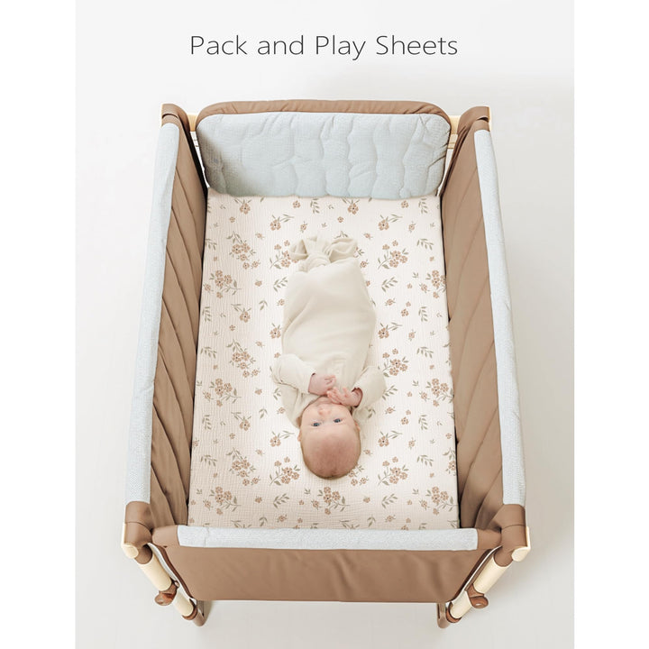 Konssy 2 Pack Muslin Mini Crib Sheets, Fits Pack and Play, 38"x24" 100% Cotton, Soft & Breathable, for Naps & Playtime, Floral & Solid Designs, Machine Washable