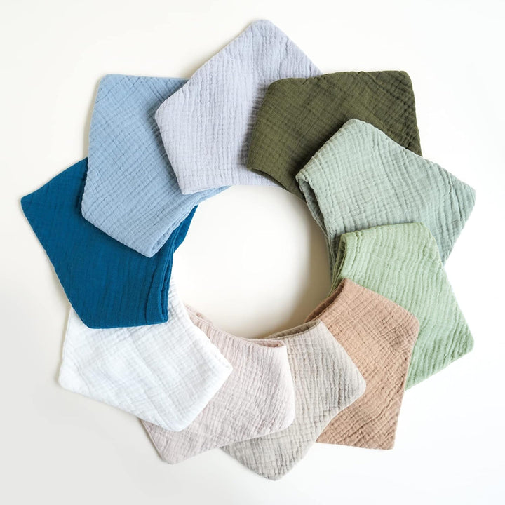 Konssy 10 Pack Baby Muslin Bandana Bibs for Drooling and Teething 100% Cotton, 6-Layer Bibs, Pre-Washed Soft & Absorbent, Adjustable Neck Fit, Boys & Girls 0-36M