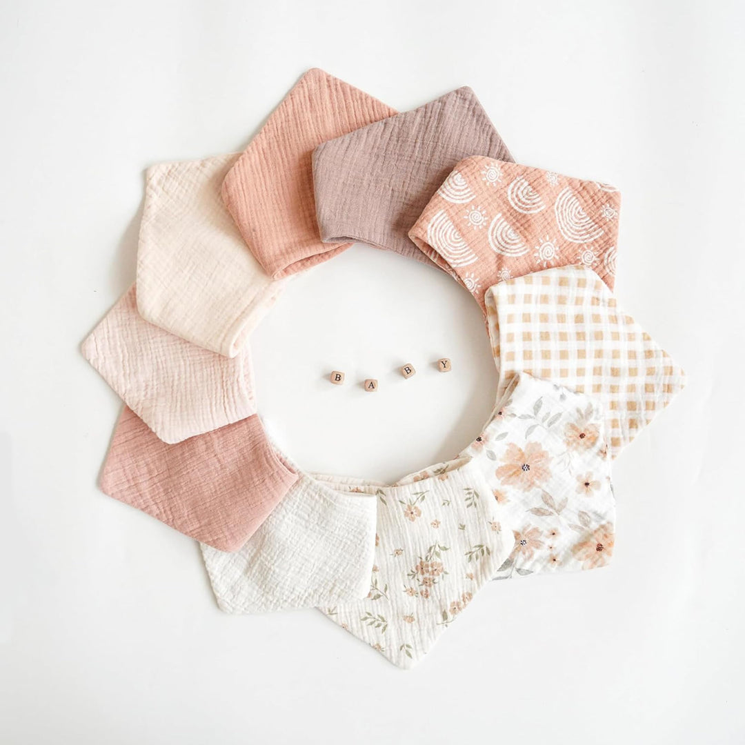 Konssy 10 Pack Baby Muslin Bandana Bibs for Drooling and Teething 100% Cotton, 6-Layer Bibs, Pre-Washed Soft & Absorbent, Adjustable Neck Fit, Boys & Girls 0-36M