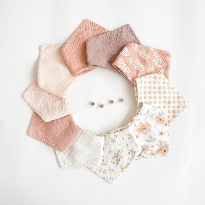 Konssy 10 Pack Baby Muslin Bandana Bibs for Drooling and Teething 100% Cotton, 6-Layer Bibs, Pre-Washed Soft & Absorbent, Adjustable Neck Fit, Boys & Girls 0-36M