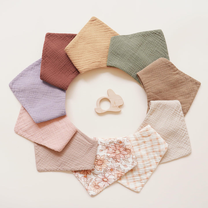 Konssy 10 Pack Baby Muslin Bandana Bibs for Drooling and Teething 100% Cotton, 6-Layer Bibs, Pre-Washed Soft & Absorbent, Adjustable Neck Fit, Boys & Girls 0-36M