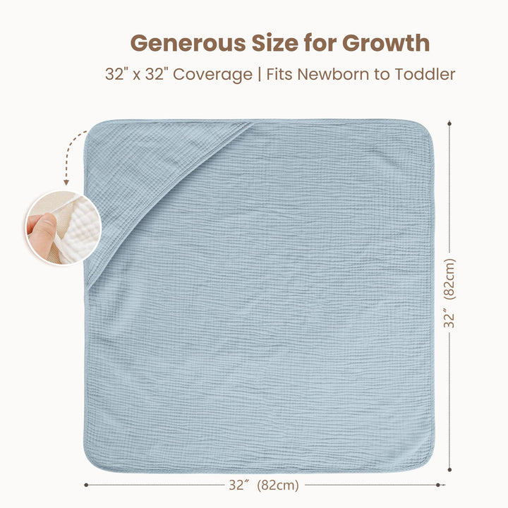 Konssy 2-Pack 100% Muslin Cotton Hooded Baby Bath Towels for Boys and Girls 32 x 32 In, Ultra-Soft & Absorbent, Bath Towels With Hooded for Infants Newborns Toddlers, Machine Washable