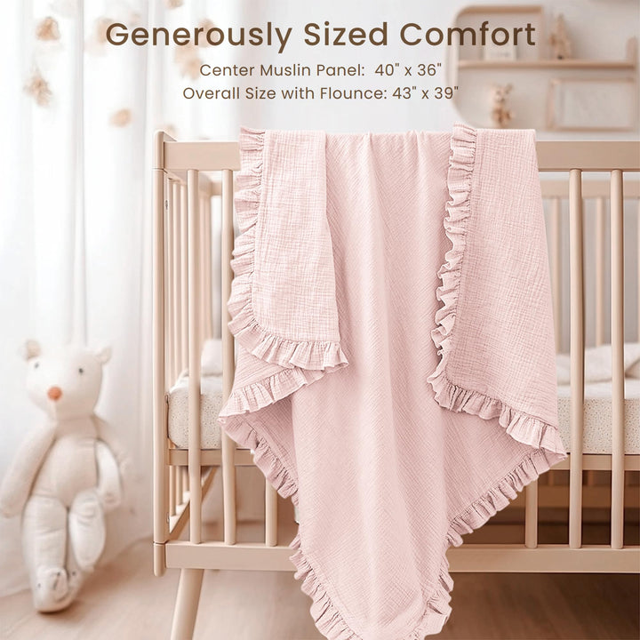 Konssy 100% Cotton Muslin Baby Blanket with Ruffle Trim for Girls, 43"x39" Reversible Design, Ultra Soft & Lightweight, for Swaddling, Crib, Stroller & Nursery Use, from Newborn to Toddler
