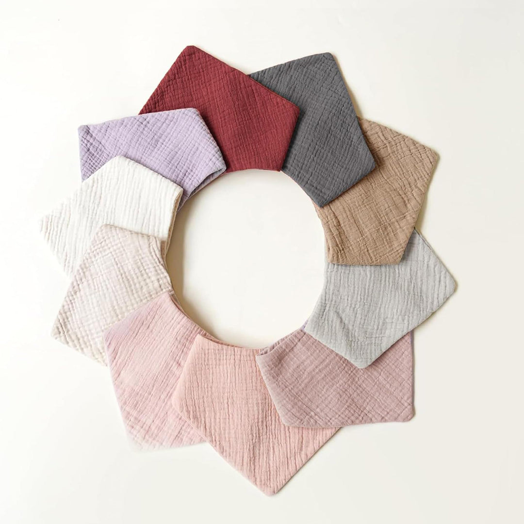 Konssy 10 Pack Baby Muslin Bandana Bibs for Drooling and Teething 100% Cotton, 6-Layer Bibs, Pre-Washed Soft & Absorbent, Adjustable Neck Fit, Boys & Girls 0-36M