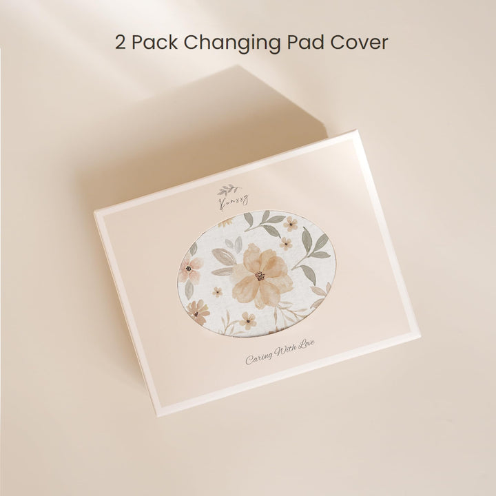 Konssy 2 Pack Muslin Changing Pad Covers for Baby Girls Boys, 32"x16" 100% Cotton, Soft & Breathable, Fitted Diaper Changing Table Sheets, Full Elastic Fit, Floral & Solid Designs