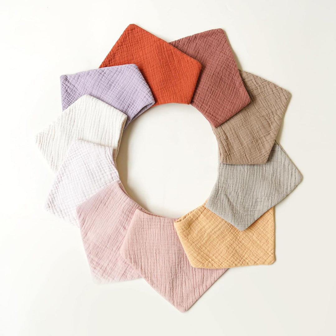 Konssy 10 Pack Baby Muslin Bandana Bibs for Drooling and Teething 100% Cotton, 6-Layer Bibs, Pre-Washed Soft & Absorbent, Adjustable Neck Fit, Boys & Girls 0-36M