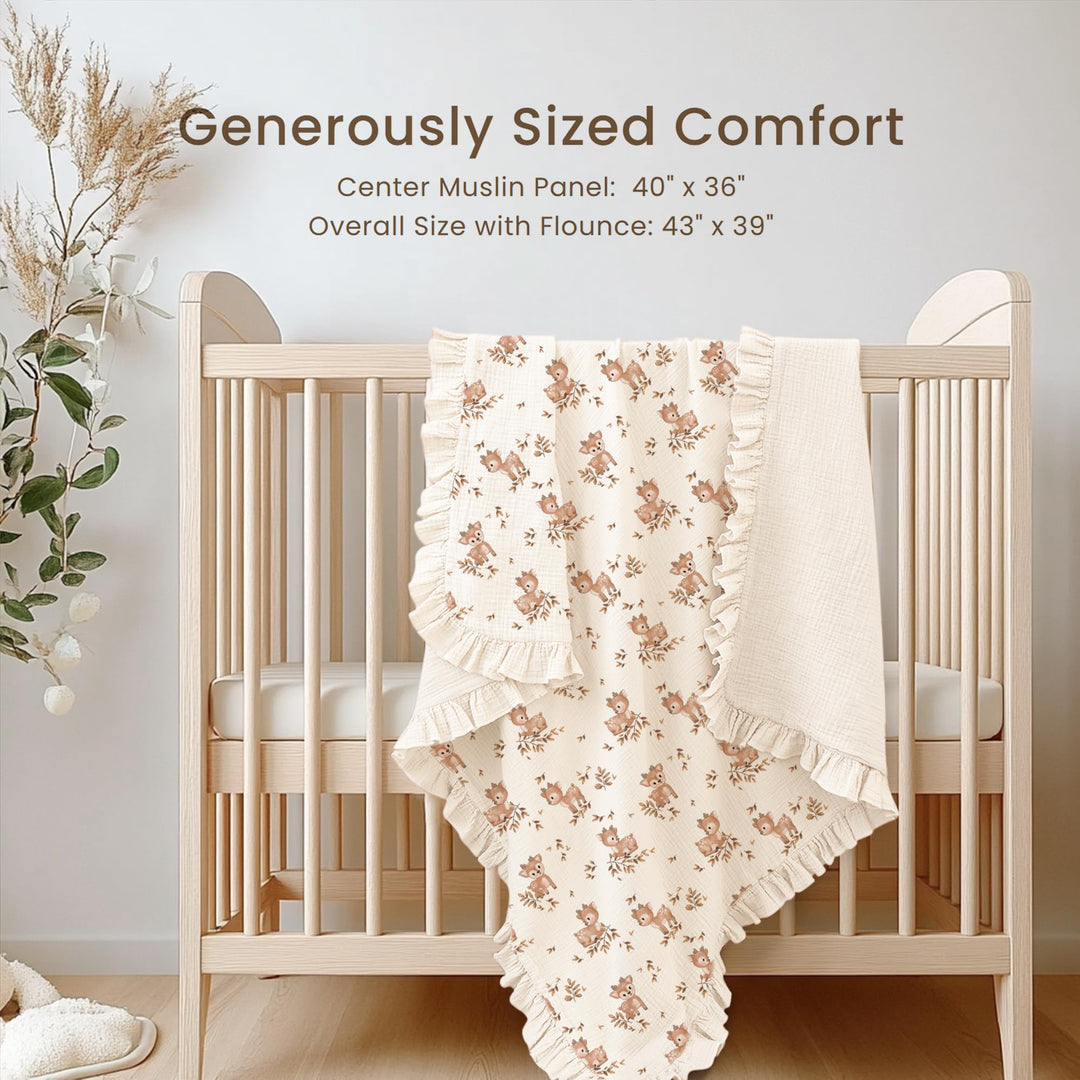 Konssy 100% Cotton Muslin Baby Blanket with Ruffle Trim for Girls, 43"x39" Reversible Design, Ultra Soft & Lightweight, for Swaddling, Crib, Stroller & Nursery Use, from Newborn to Toddler