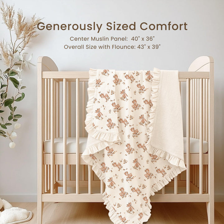 Konssy 100% Cotton Muslin Baby Blanket with Ruffle Trim for Girls, 43"x39" Reversible Design, Ultra Soft & Lightweight, for Swaddling, Crib, Stroller & Nursery Use, from Newborn to Toddler