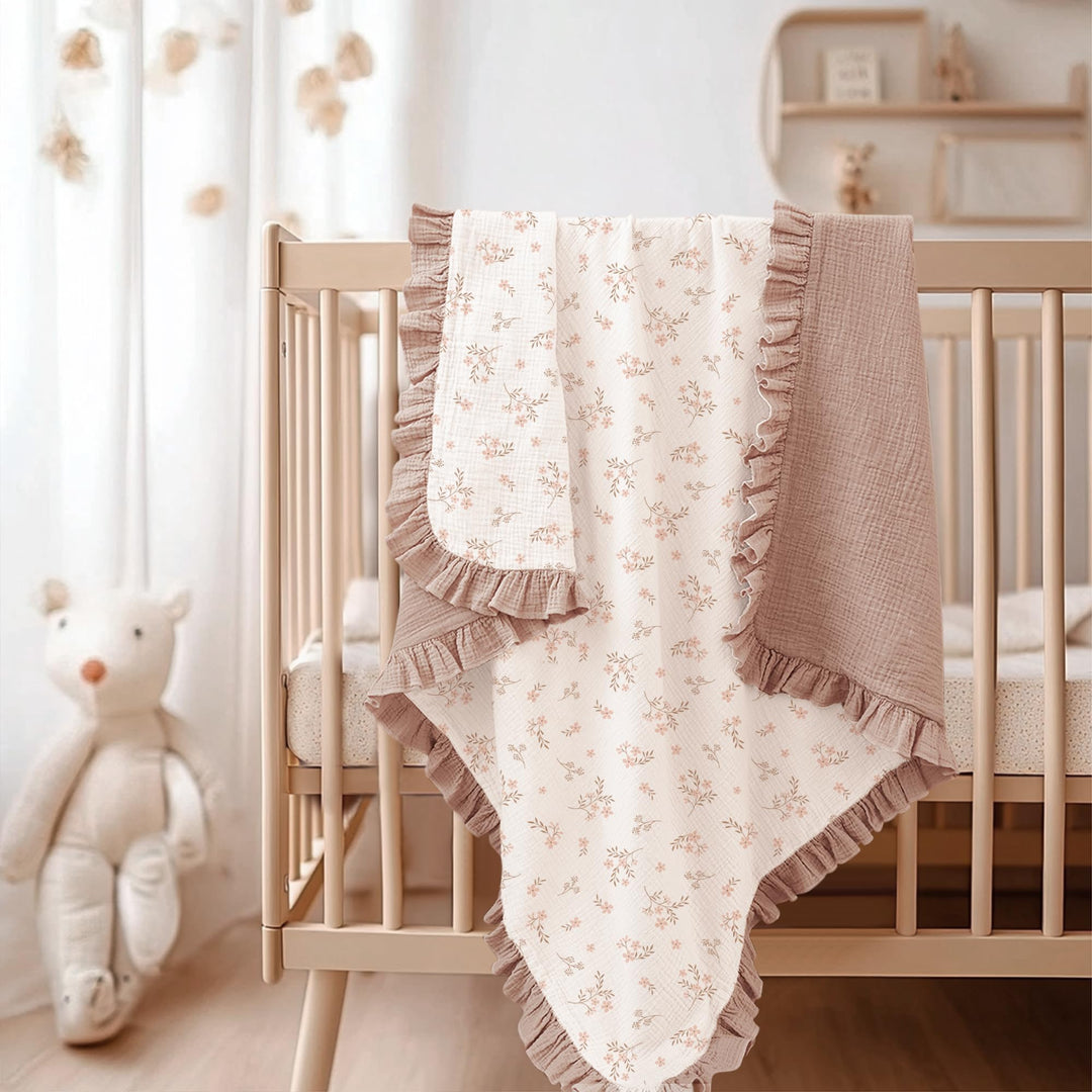 Konssy 100% Cotton Muslin Baby Blanket with Ruffle Trim for Girls, 43"x39" Reversible Design, Ultra Soft & Lightweight, for Swaddling, Crib, Stroller & Nursery Use, from Newborn to Toddler