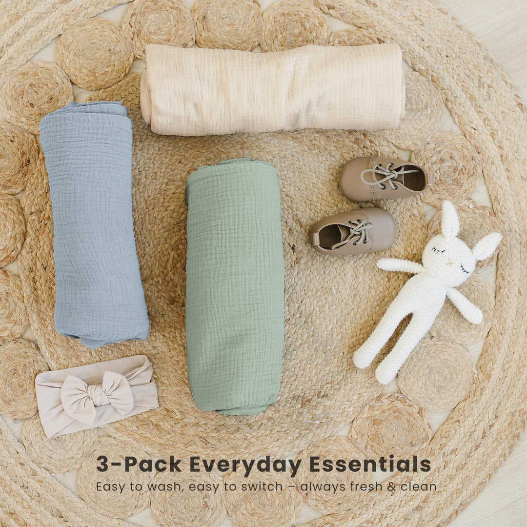 Konssy 3-Pack Muslin Baby Swaddle Blankets, 47 x 47 in Receiving Blankets Large Size, 100% Cotton, Ultra Soft & Breathable, Multi-Use Swaddles for Boys & Girls, from Newborn to Toddler
