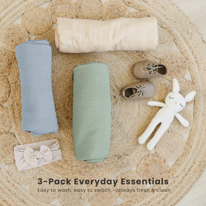 Konssy 3-Pack Muslin Baby Swaddle Blankets, 47 x 47 in Receiving Blankets Large Size, 100% Cotton, Ultra Soft & Breathable, Multi-Use Swaddles for Boys & Girls, from Newborn to Toddler