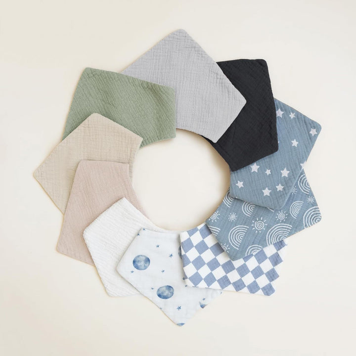 Konssy 10 Pack Baby Muslin Bandana Bibs for Drooling and Teething 100% Cotton, 6-Layer Bibs, Pre-Washed Soft & Absorbent, Adjustable Neck Fit, Boys & Girls 0-36M