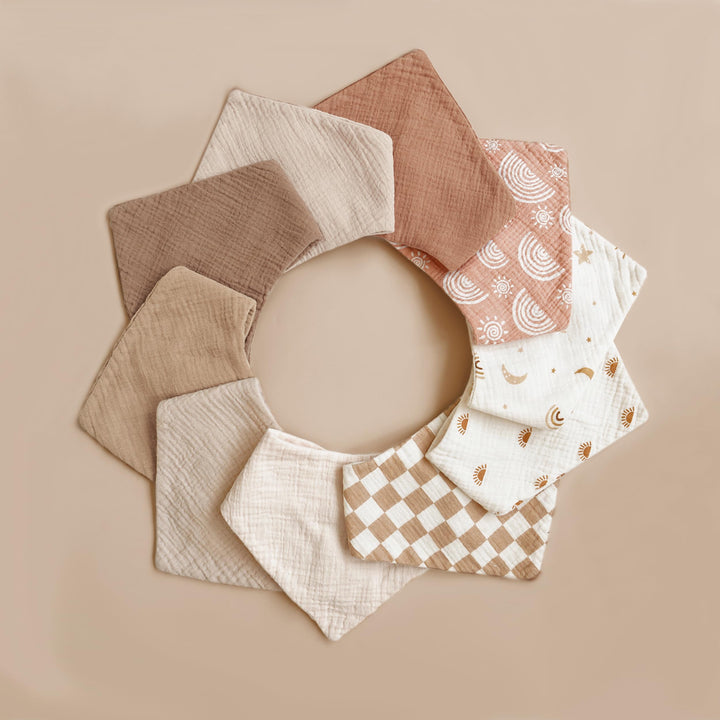Konssy 10 Pack Baby Muslin Bandana Bibs for Drooling and Teething 100% Cotton, 6-Layer Bibs, Pre-Washed Soft & Absorbent, Adjustable Neck Fit, Boys & Girls 0-36M