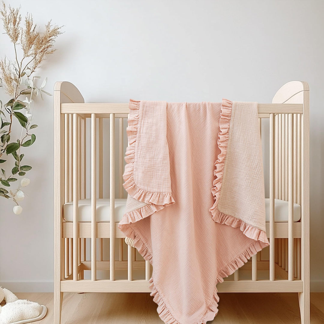 Konssy 100% Cotton Muslin Baby Blanket with Ruffle Trim for Girls, 43"x39" Reversible Design, Ultra Soft & Lightweight, for Swaddling, Crib, Stroller & Nursery Use, from Newborn to Toddler
