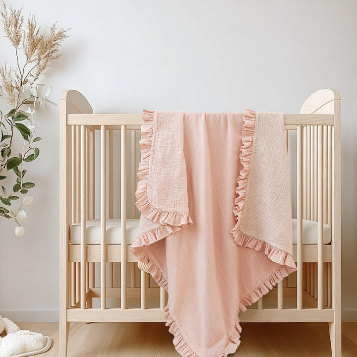Konssy 100% Cotton Muslin Baby Blanket with Ruffle Trim for Girls, 43"x39" Reversible Design, Ultra Soft & Lightweight, for Swaddling, Crib, Stroller & Nursery Use, from Newborn to Toddler