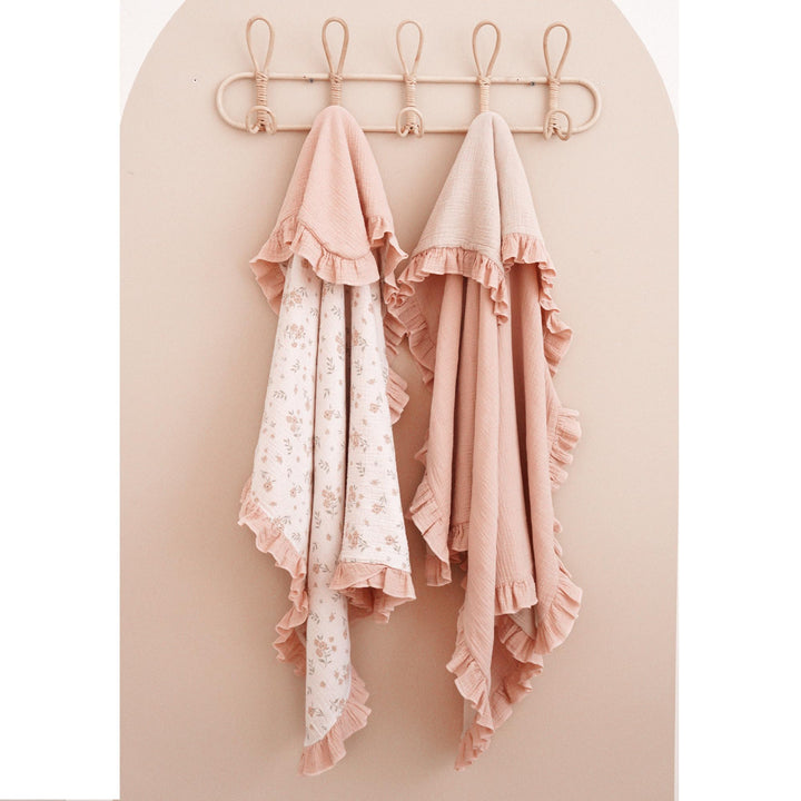 Konssy 100% Cotton Muslin Baby Blanket with Ruffle Trim for Girls, 43"x39" Reversible Design, Ultra Soft & Lightweight, for Swaddling, Crib, Stroller & Nursery Use, from Newborn to Toddler