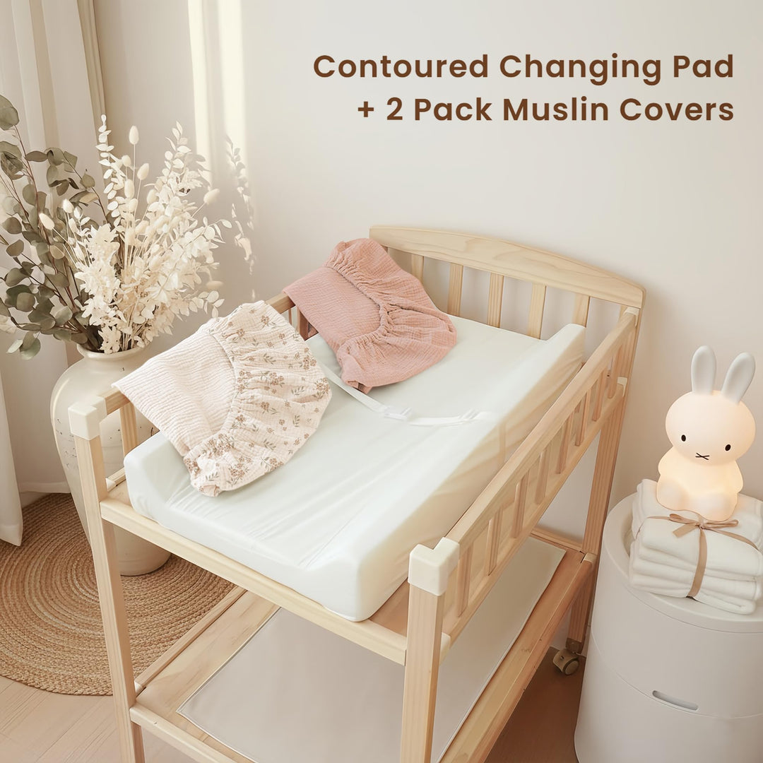 Konssy Baby Changing Pad Set with Waterproof Lining & 2 Pack Muslin Covers Soft Foam Support, Contoured Sides, Non-Slip Base & Safety Belt, Diaper Changing Pad for Dresser, 32" x 16"