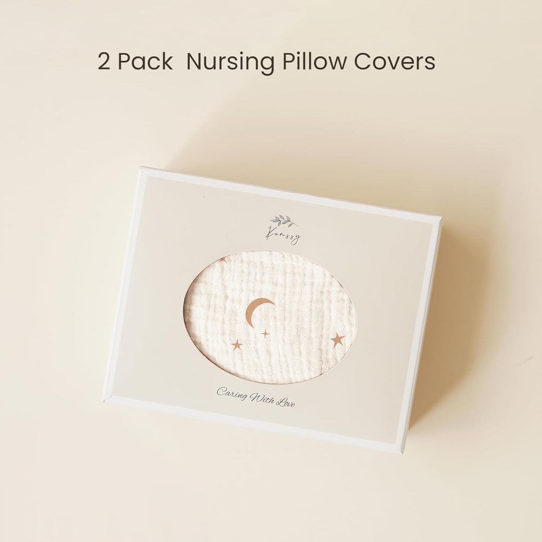 Konssy 2-Pack 100% Cotton Muslin Nursing Pillow Covers, Soft Cover for Baby Covers Only, Breastfeeding Pillows Slipcovers for Baby Boys & Girls, Hidden Zipper, Machine Washable,