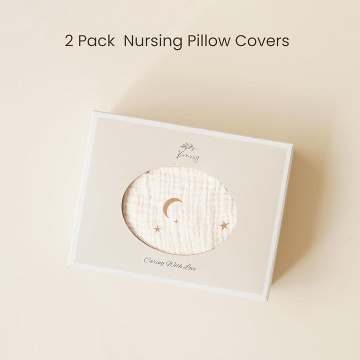 Konssy 2-Pack 100% Cotton Muslin Nursing Pillow Covers, Soft Cover for Baby Covers Only, Breastfeeding Pillows Slipcovers for Baby Boys & Girls, Hidden Zipper, Machine Washable,