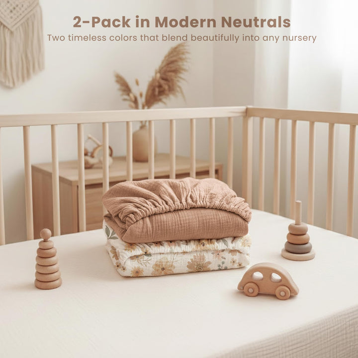 Konssy 2 Pack Muslin Crib Sheets for Standard Crib Mattress, 52" x 28" 100% Cotton, Soft & Breathable, 360° Elastic Snug Fit, Solid & Printed Designs for Baby Girls & Boys