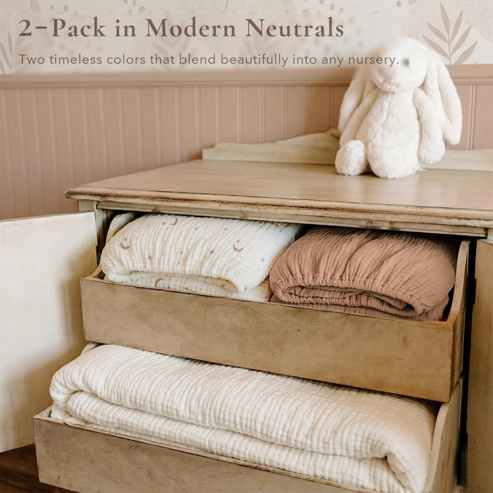 Konssy 2 Pack Muslin Crib Sheets for Standard Crib Mattress, 52" x 28" 100% Cotton, Soft & Breathable, 360° Elastic Snug Fit, Solid & Printed Designs for Baby Girls & Boys