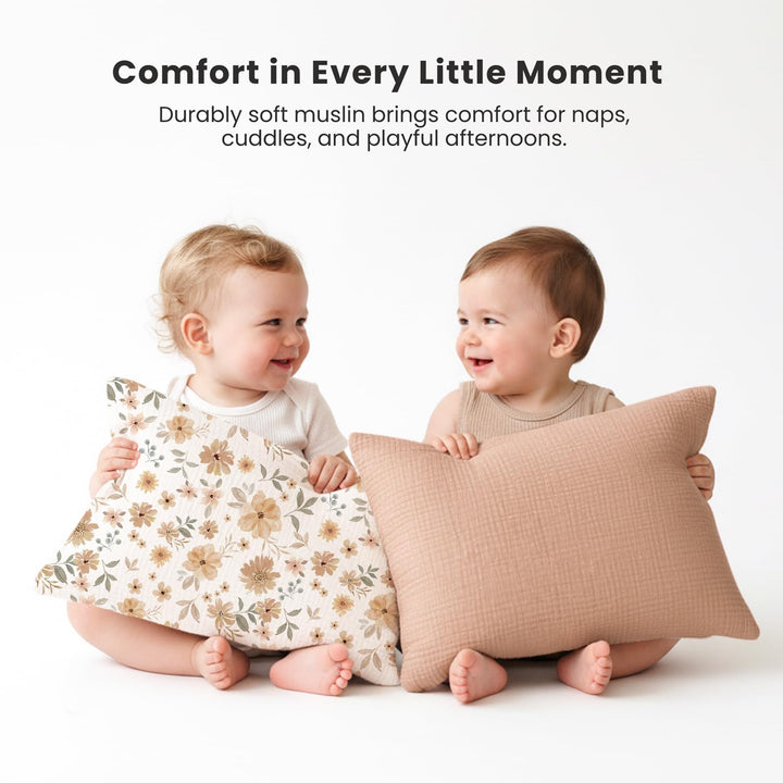 Konssy 2 Pack Muslin Toddler Pillowcases, Soft Baby Pillow Cases, 13"x18" 100% Cotton, Soft & Breathable, Envelope Closure, Floral & Solid, for Baby Boys & Girls, Naps & Travel