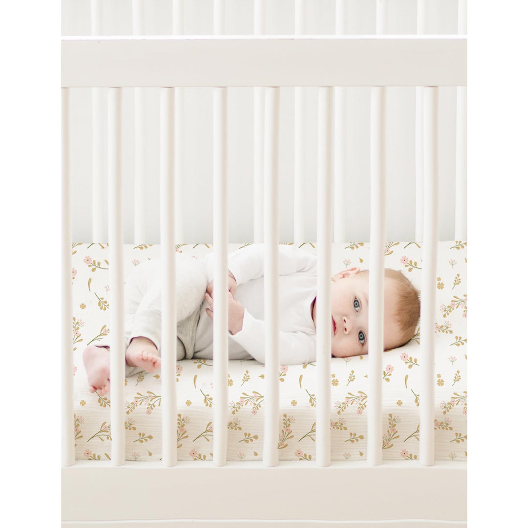Konssy 2 Pack Muslin Mini Crib Sheets, Fits Pack and Play, 38"x24" 100% Cotton, Soft & Breathable, for Naps & Playtime, Floral & Solid Designs, Machine Washable