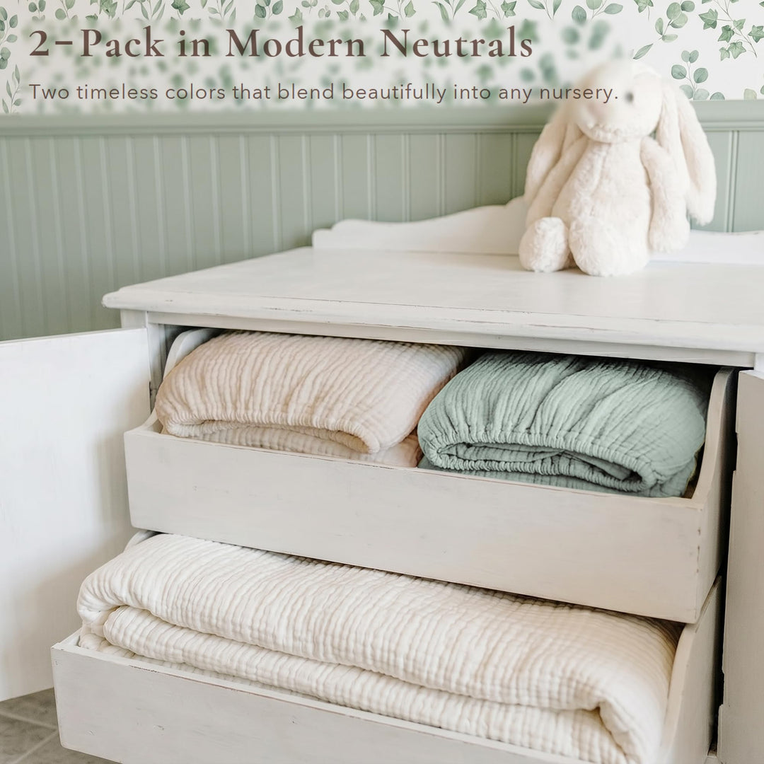 Konssy 2 Pack Muslin Crib Sheets for Standard Crib Mattress, 52" x 28" 100% Cotton, Soft & Breathable, 360° Elastic Snug Fit, Solid & Printed Designs for Baby Girls & Boys