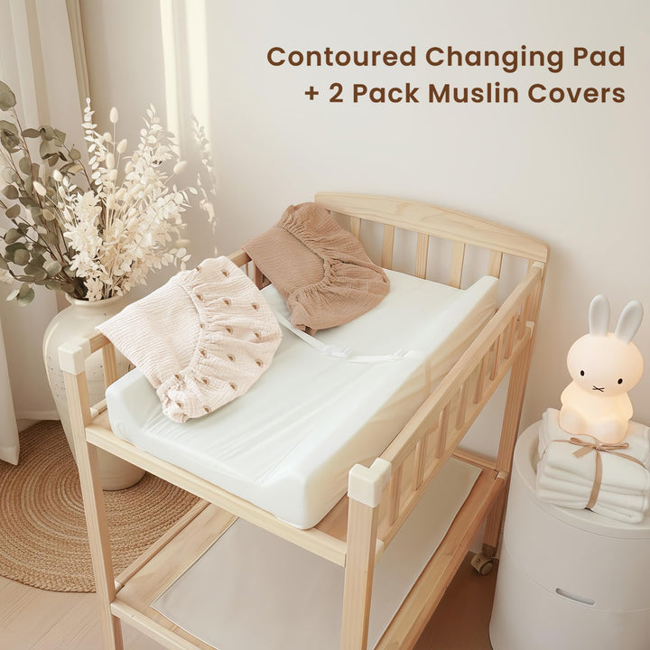 Konssy Baby Changing Pad Set with Waterproof Lining & 2 Pack Muslin Covers Soft Foam Support, Contoured Sides, Non-Slip Base & Safety Belt, Diaper Changing Pad for Dresser, 32" x 16"