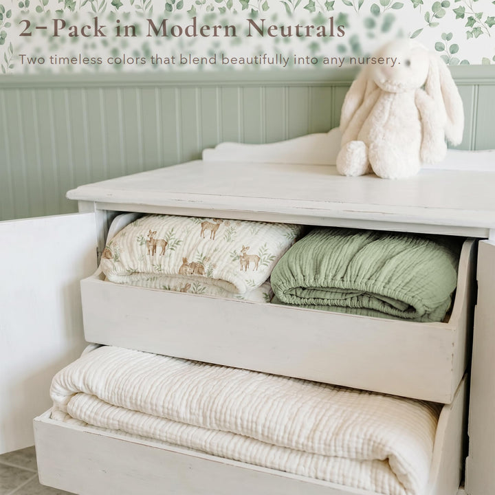 Konssy 2 Pack Muslin Crib Sheets for Standard Crib Mattress, 52" x 28" 100% Cotton, Soft & Breathable, 360° Elastic Snug Fit, Solid & Printed Designs for Baby Girls & Boys