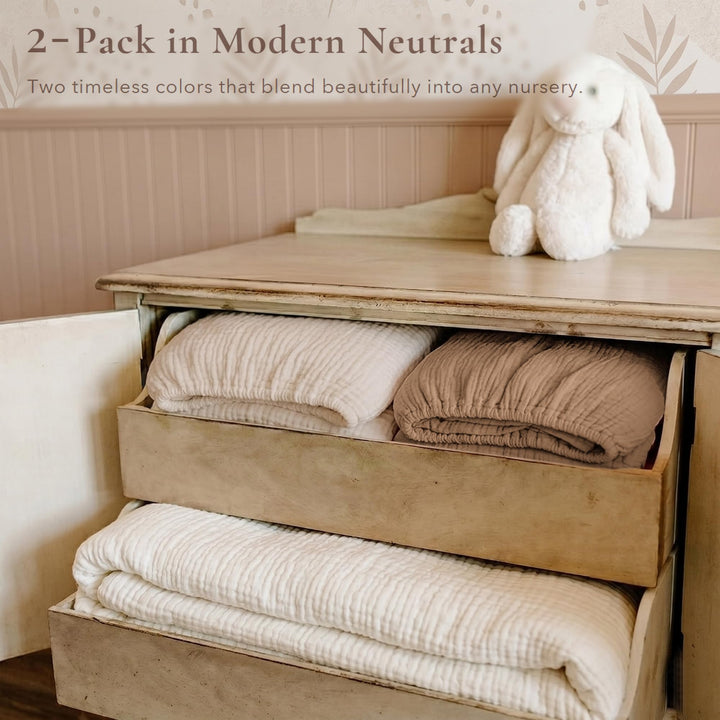 Konssy 2 Pack Muslin Crib Sheets for Standard Crib Mattress, 52" x 28" 100% Cotton, Soft & Breathable, 360° Elastic Snug Fit, Solid & Printed Designs for Baby Girls & Boys
