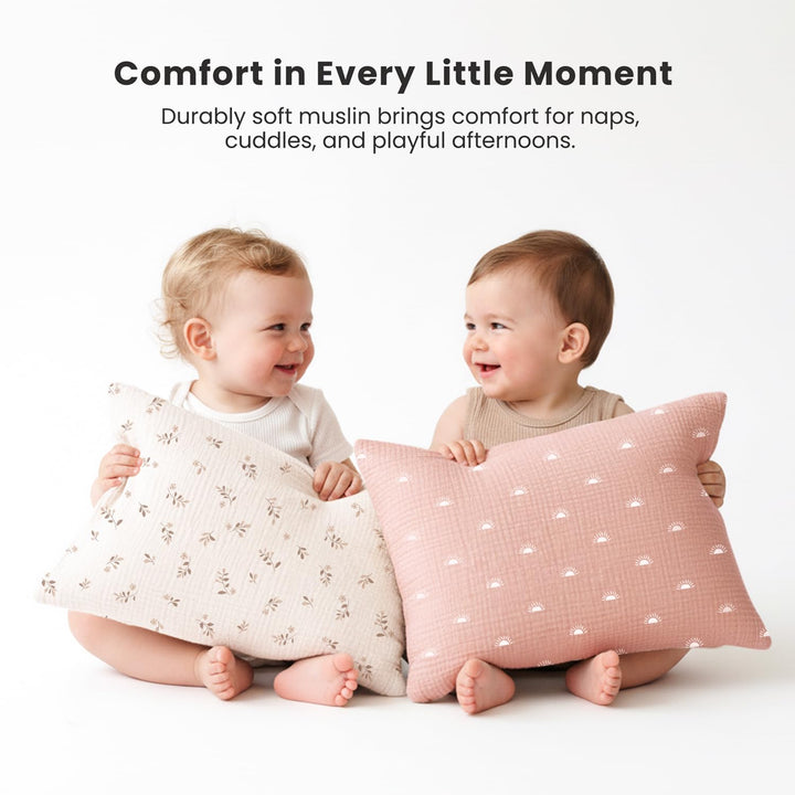 Konssy 2 Pack Muslin Toddler Pillowcases, Soft Baby Pillow Cases, 13"x18" 100% Cotton, Soft & Breathable, Envelope Closure, Floral & Solid, for Baby Boys & Girls, Naps & Travel