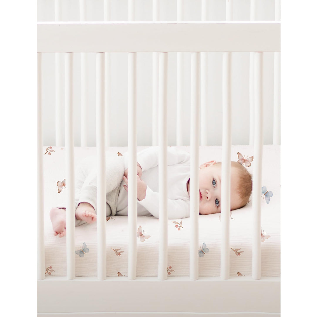 Konssy 2 Pack Muslin Mini Crib Sheets, Fits Pack and Play, 38"x24" 100% Cotton, Soft & Breathable, for Naps & Playtime, Floral & Solid Designs, Machine Washable