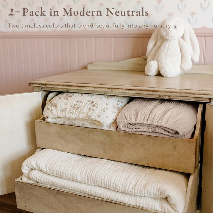 Konssy 2 Pack Muslin Crib Sheets for Standard Crib Mattress, 52" x 28" 100% Cotton, Soft & Breathable, 360° Elastic Snug Fit, Solid & Printed Designs for Baby Girls & Boys